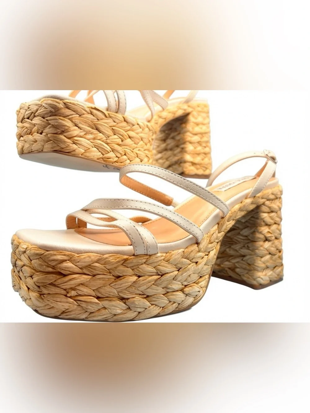 Steve Madden NWT Belise White Leather Raffia Platform Block Heel Sandals 7.5M